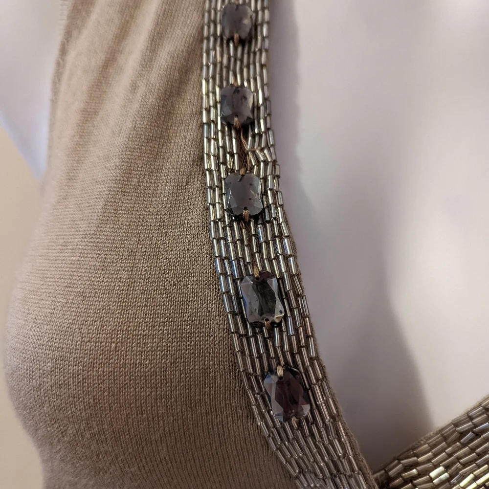 Magaschoni tan beaded neckline silk/cashmere blend tank sweater dress. - Picture 6 of 9